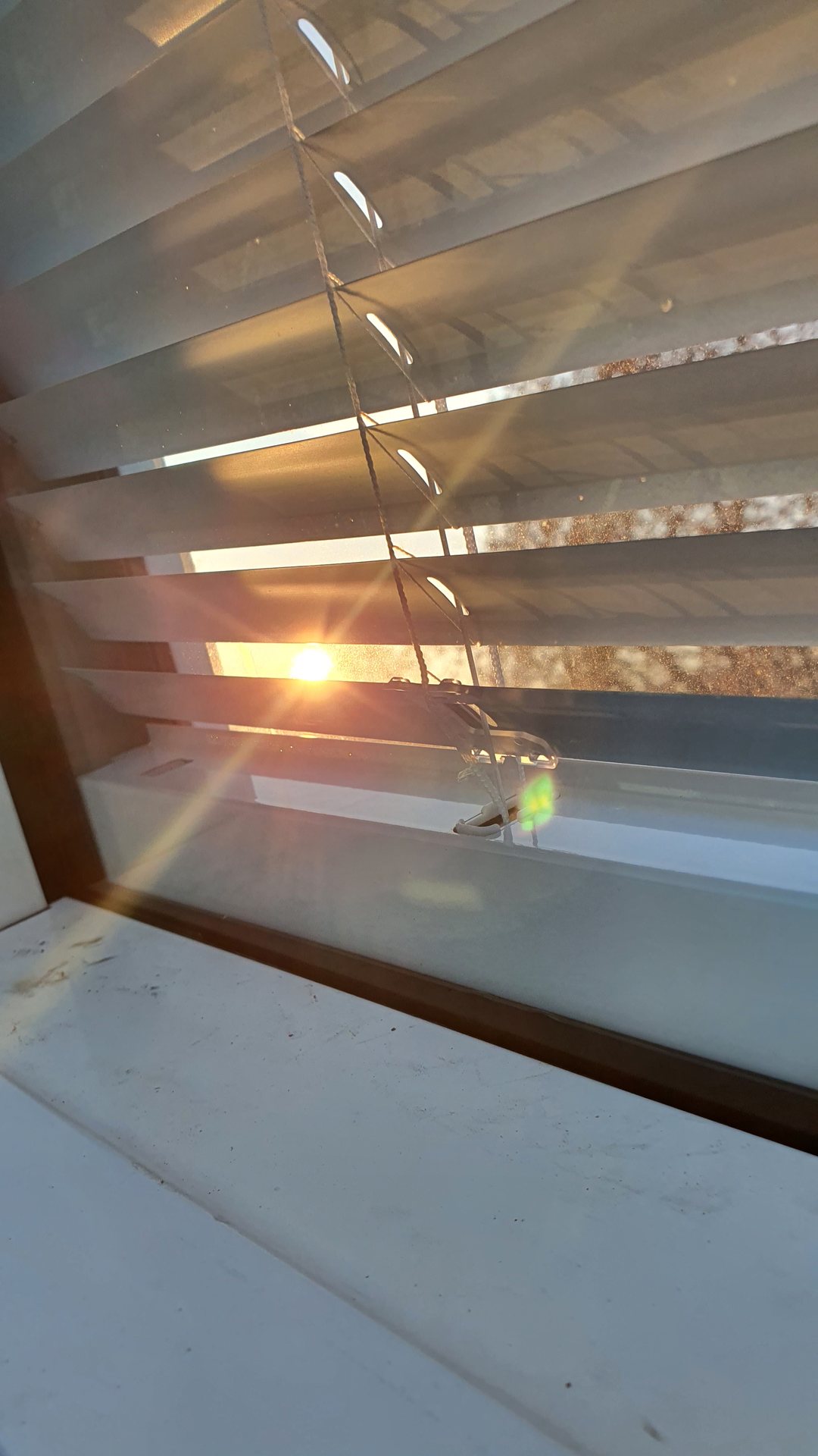 Sole basso di novembre che filtra fra le lamelle orientate di una tenda del lucernario